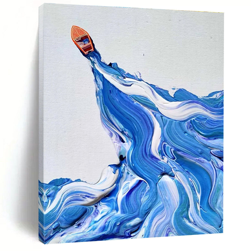 Blue and White Wave Boat Abstract Painting with Textured Seas ADGE321