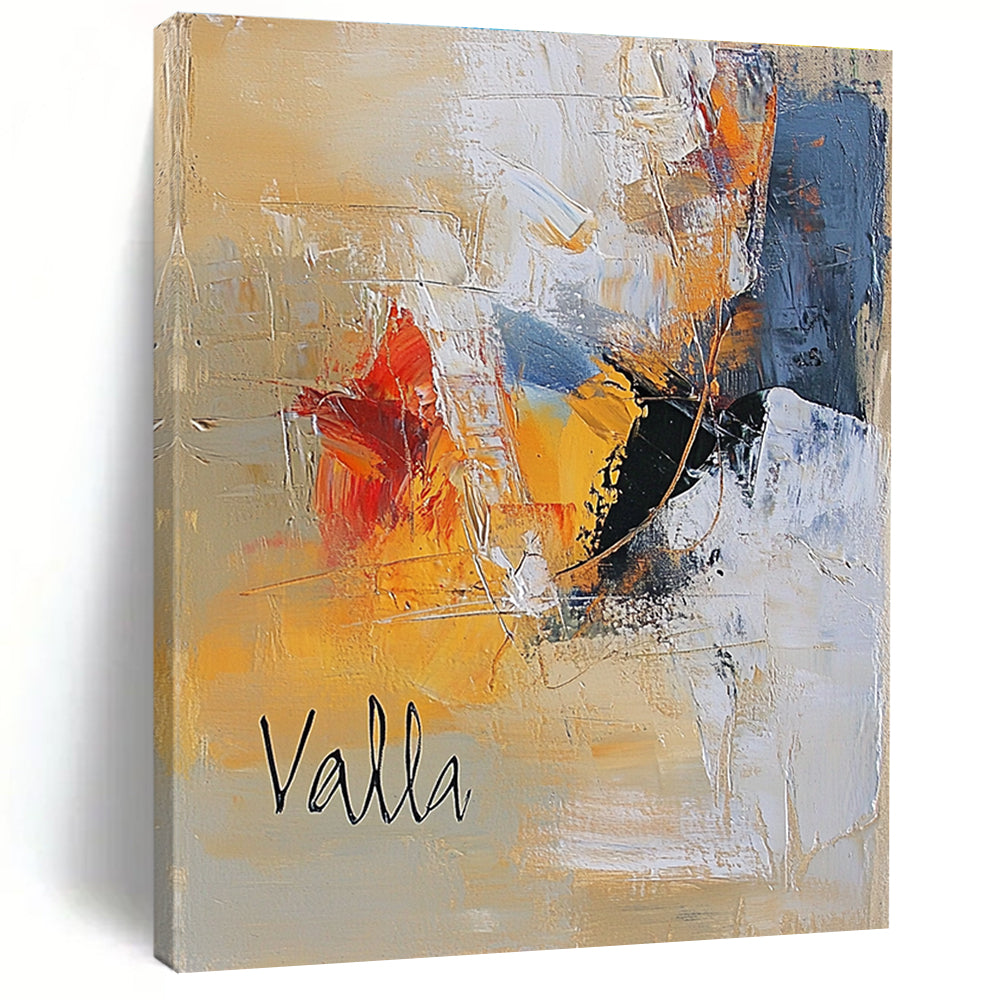 Large abstract oil painting in warm beige and cool whites features cursive "Valla" with textured brushstrokes and two happy figures in black attire.STSC580