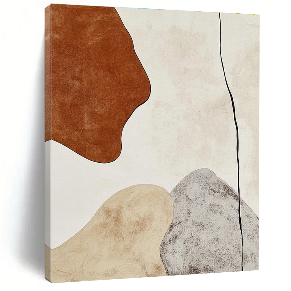 Large Abstract Painting In Earthy Tones Featuring A Brown Shape And Gray Line On A White Background Ideal For Contemporary Interiors.STSC474