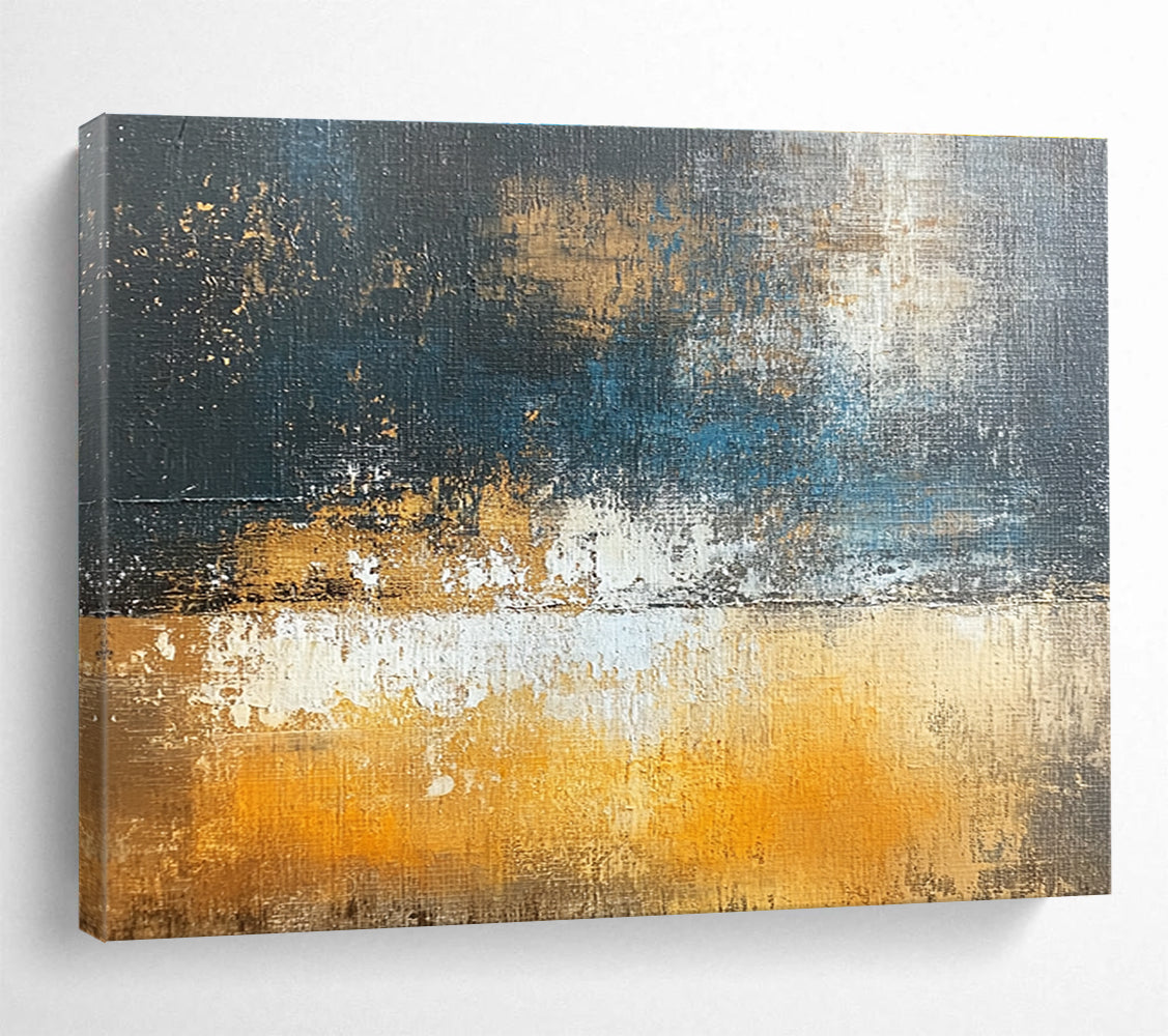 Large abstract oil painting depicting an urban landscape in dark gray and light amber with brown and blue accents using large brush strokes.SC109
