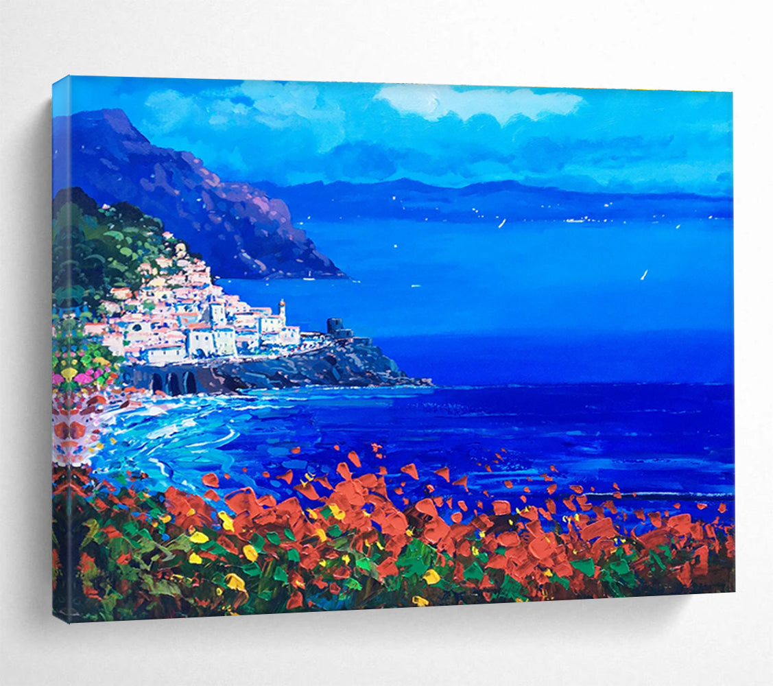 Cliffside Village at Night Abstract Painting THY434