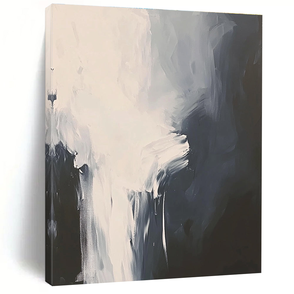 Large abstract painting in white and gray featuring atmospheric brushstrokes and a cloud pattern on a black background with a minimalist style.STSC236