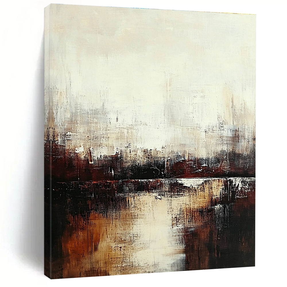 Large abstract painting featuring a serene cityscape in muted tones of white and brown evoking tranquility and introspection through soft brushstrokes.STSC724