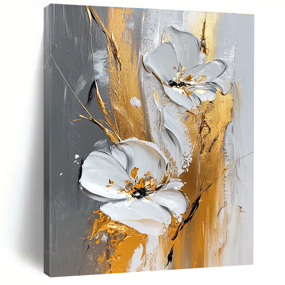 White Flower Gold Abstract Painting with 3D Textures GER603