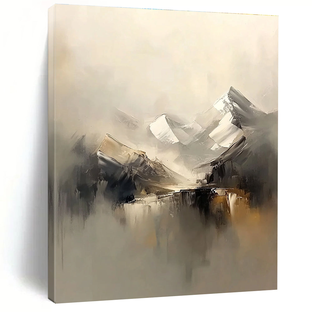 Abstract painting of snowy mountains in a foggy beige and grey palette featuring soft brush strokes for a serene atmosphere.STSC699