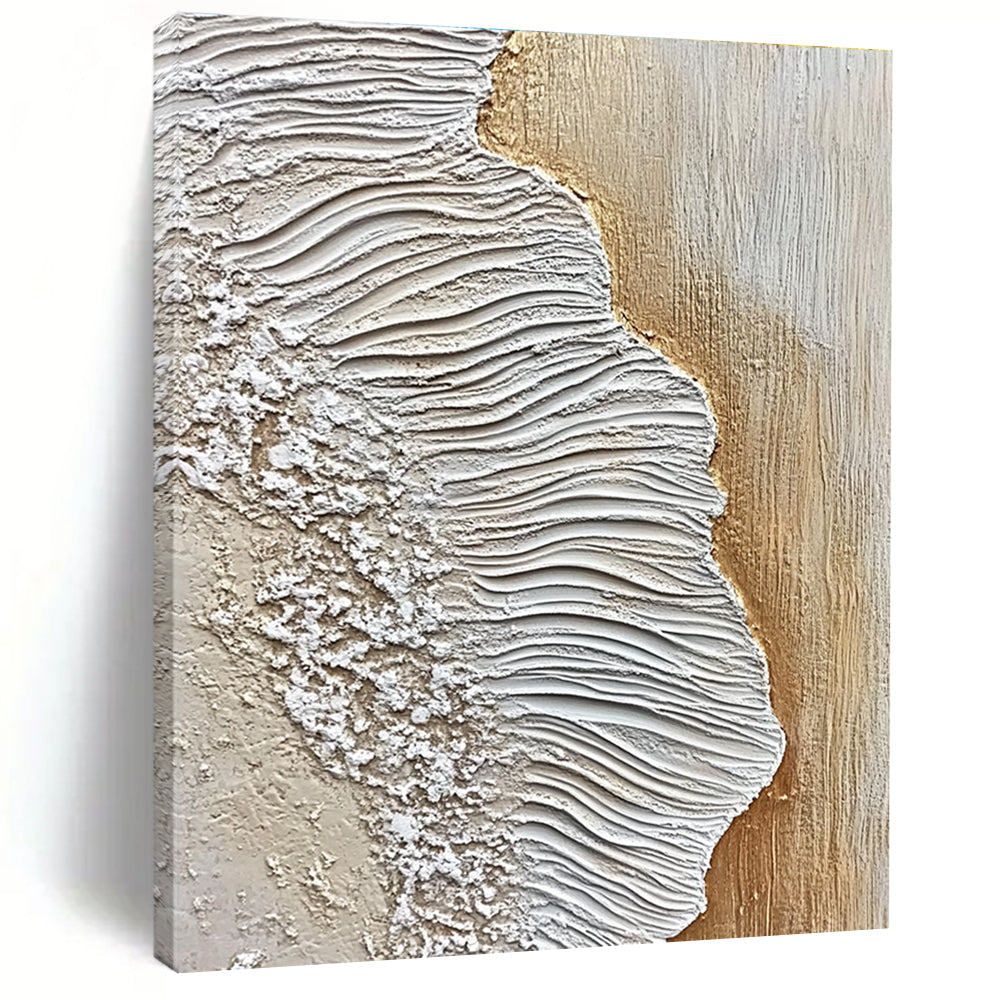 A large abstract painting featuring textured sand and waves in white and beige against an oak wood floor, embodying coastal elegance.STSC946