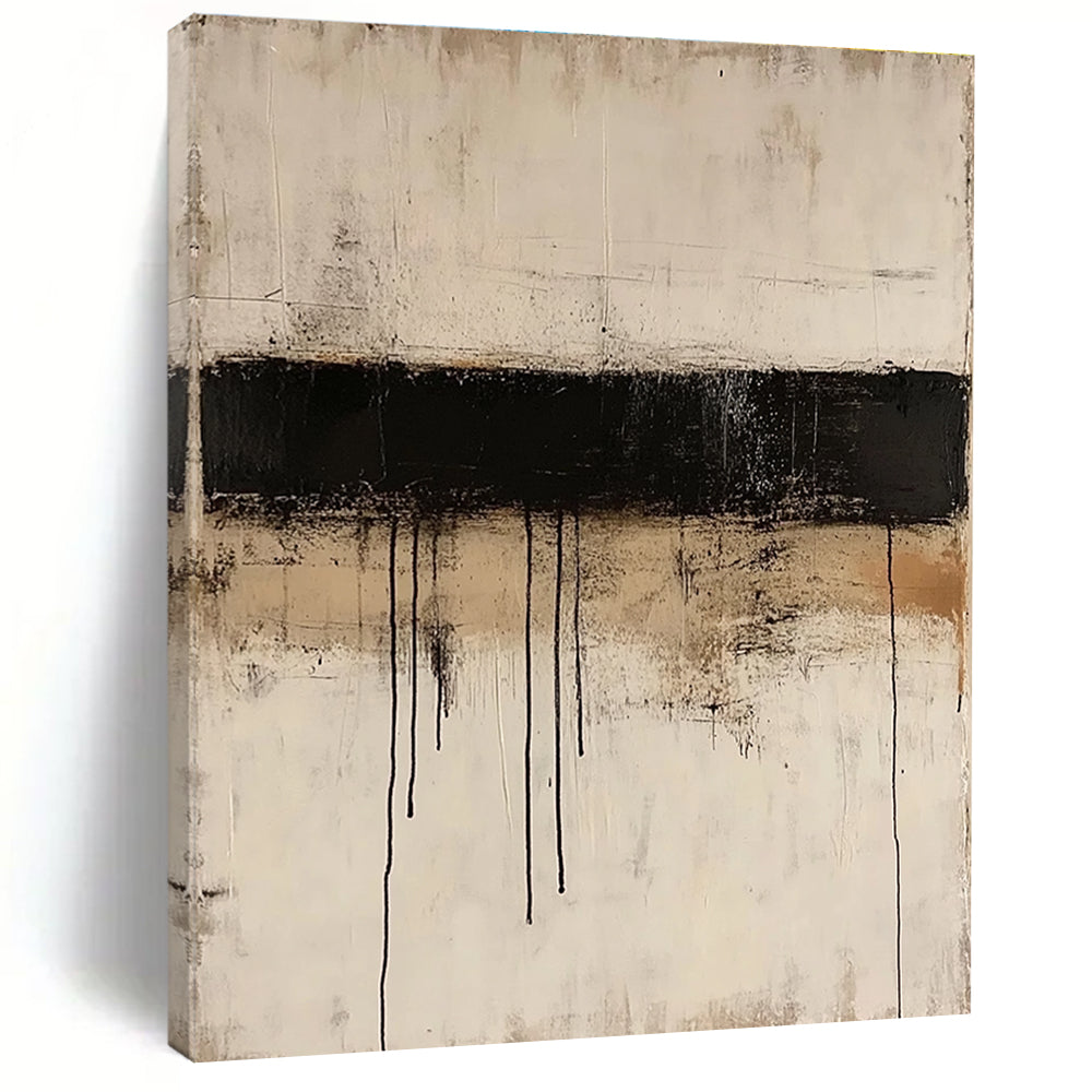 Large abstract painting featuring thin black lines layered on textured beige paper in a minimalist style reminiscent of Mark Rothko.STSC521