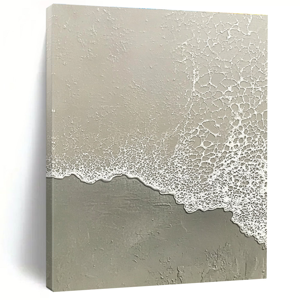 Abstract painting depicting the serene transition of water meeting sand with muted tones of grayish-white and light green.STSC955