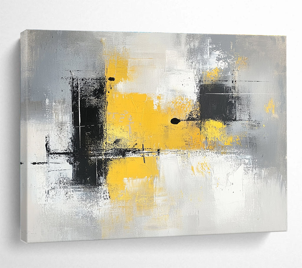 Large abstract painting with gray and yellow tones featuring blocks of color soft edges and delicate brushstrokes on a gray background.SC241