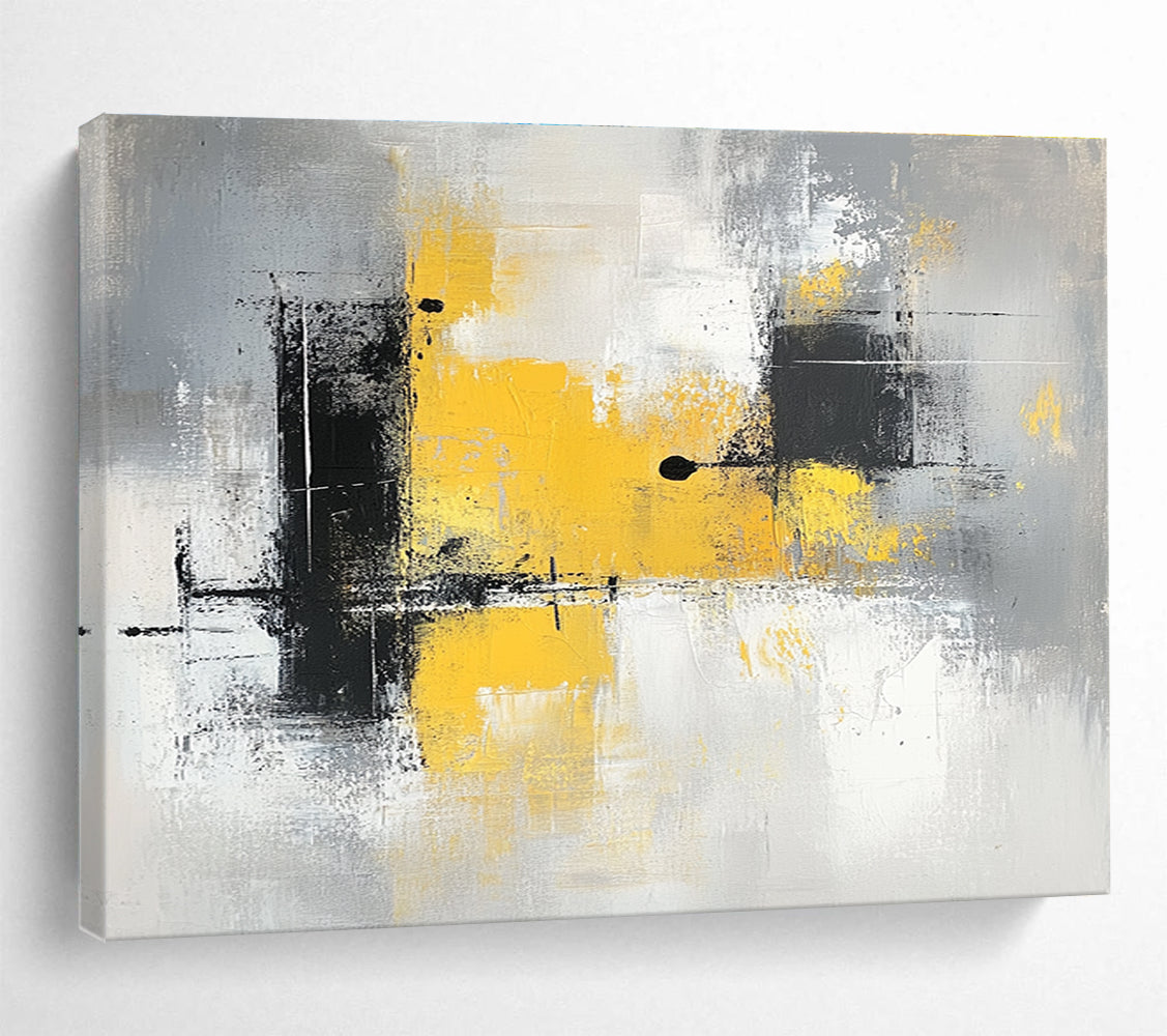 Large abstract painting with gray and yellow tones featuring blocks of color soft edges and delicate brushstrokes on a gray background.SC241