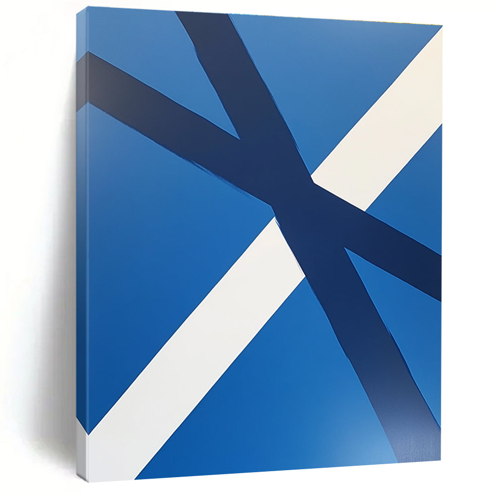 Blue and White Crossed Ribbons Abstract Painting with Clean Lines GER023