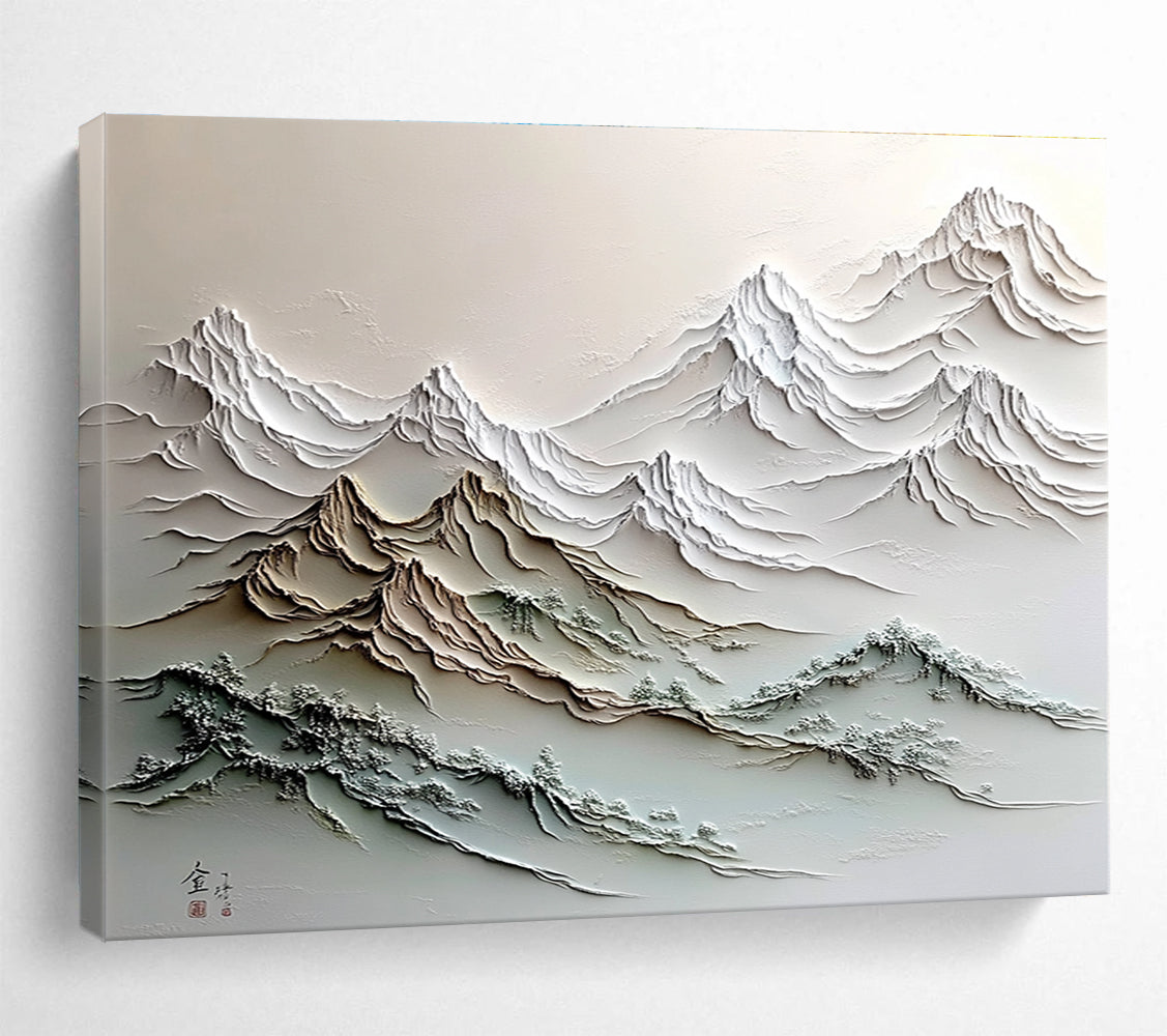 A large abstract painting featuring a stunning mountain range with intricate details and a soft color palette, evoking tranquility and majesty.SC557