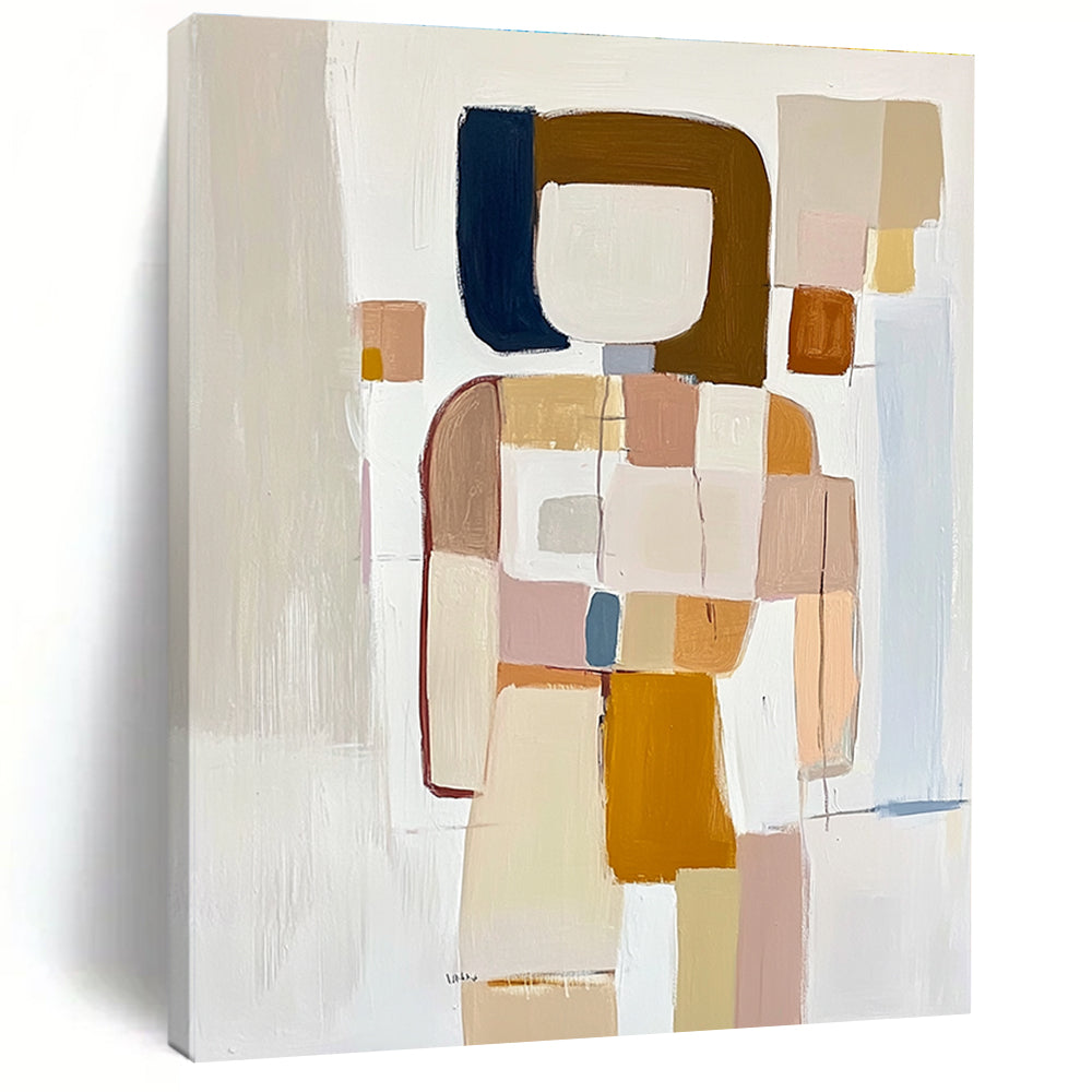 Large abstract painting featuring textured geometric shapes in pastel beige pink and blue on a soft white background creating a sense of movement and depth.STSC241