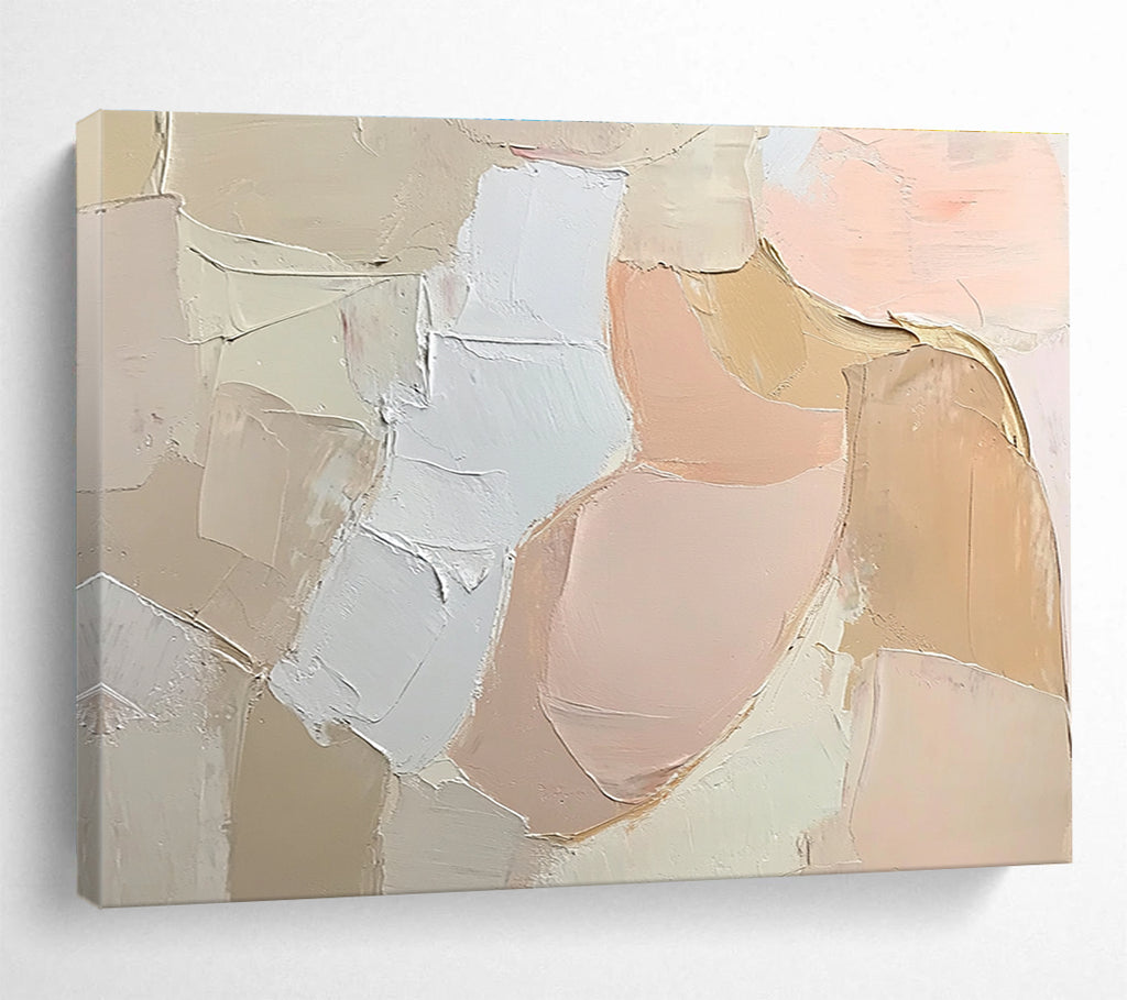 Large abstract painting featuring soft pink tones and textured brush strokes, presenting a free-flowing form of an abstract woman against a neutral background.SC103