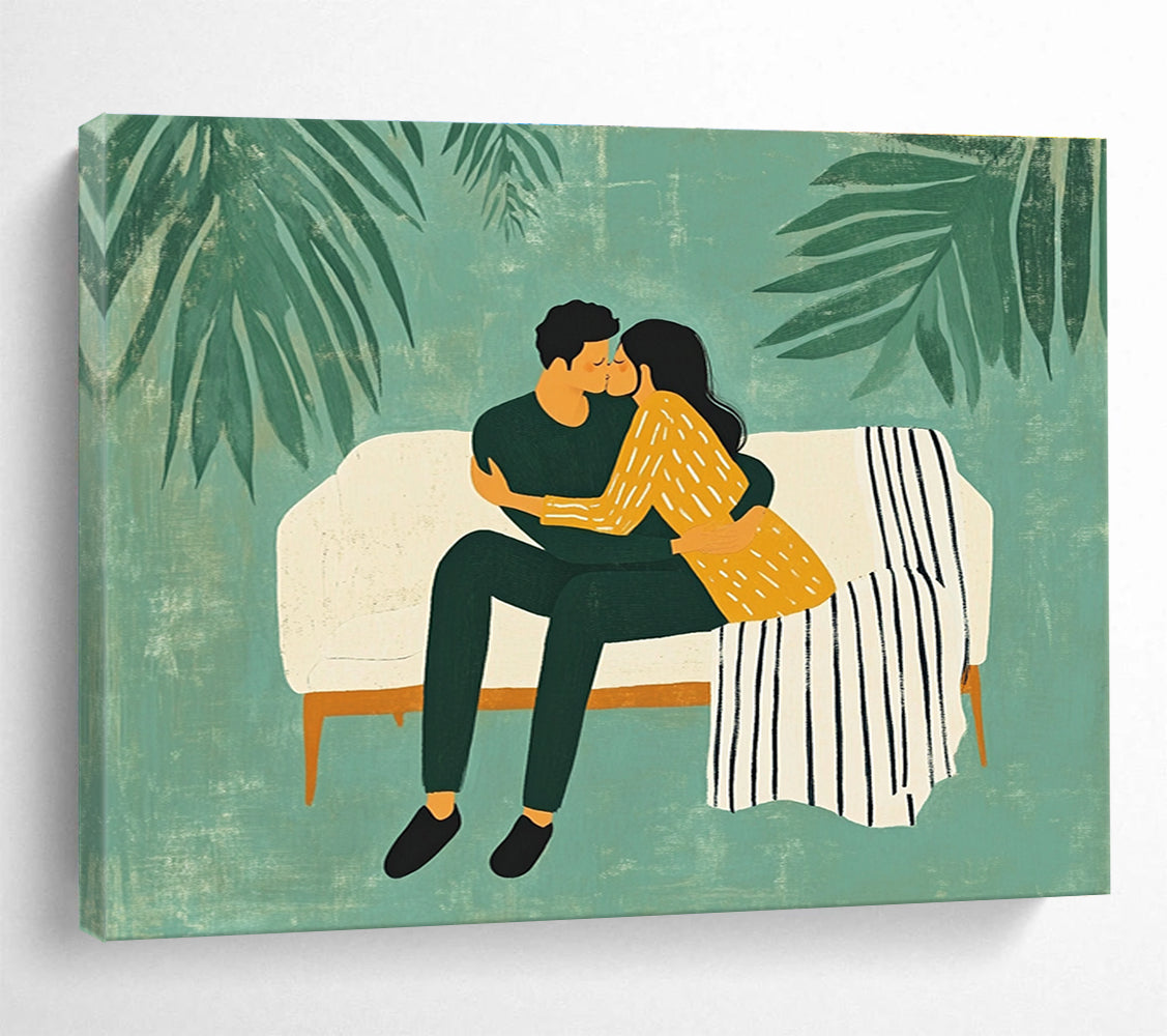 Romantic Couple Abstract Painting with Green and Yellow Tones DYP558