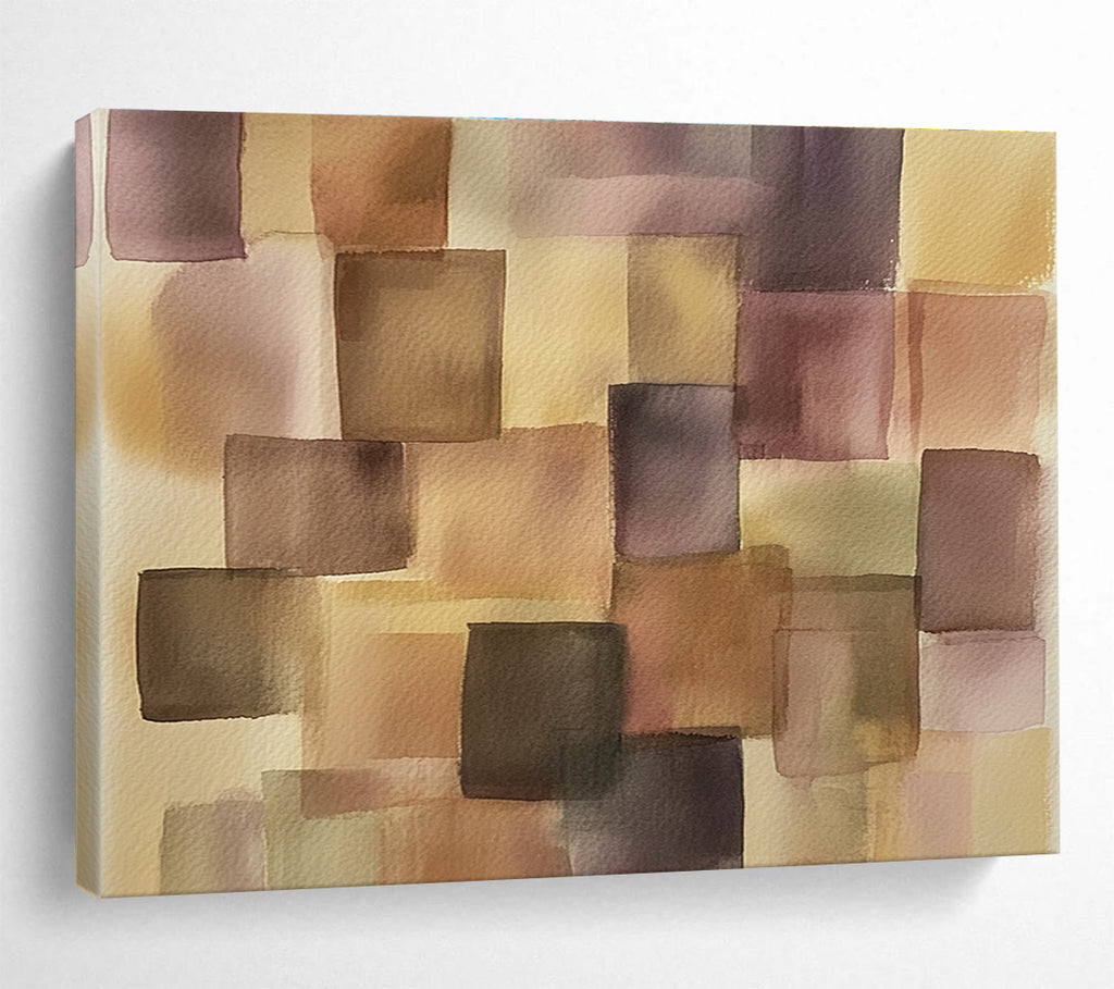 Purple and Brown Squares Watercolor Abstract Painting with Geometric Forms DYP616