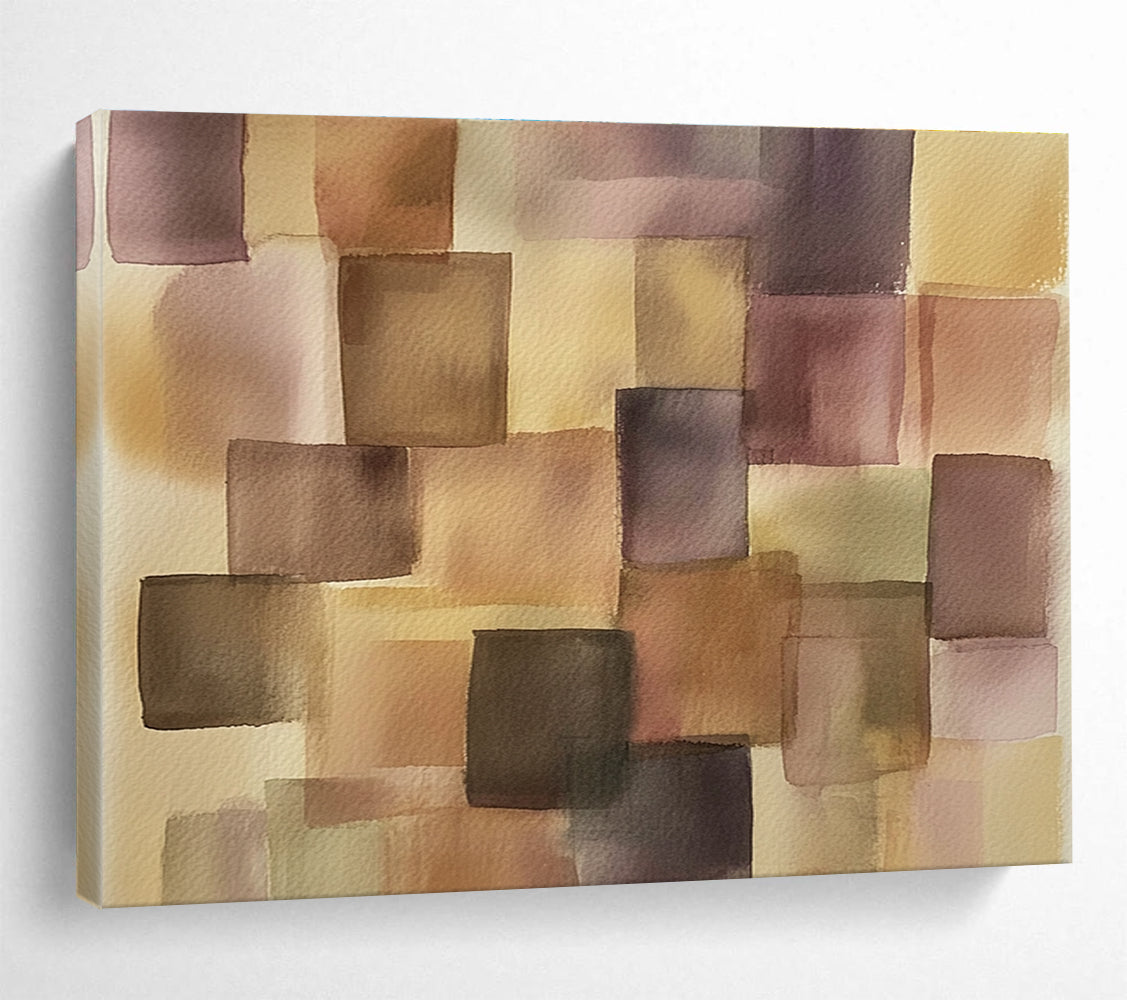 Purple and Brown Squares Watercolor Abstract Painting with Geometric Forms DYP616