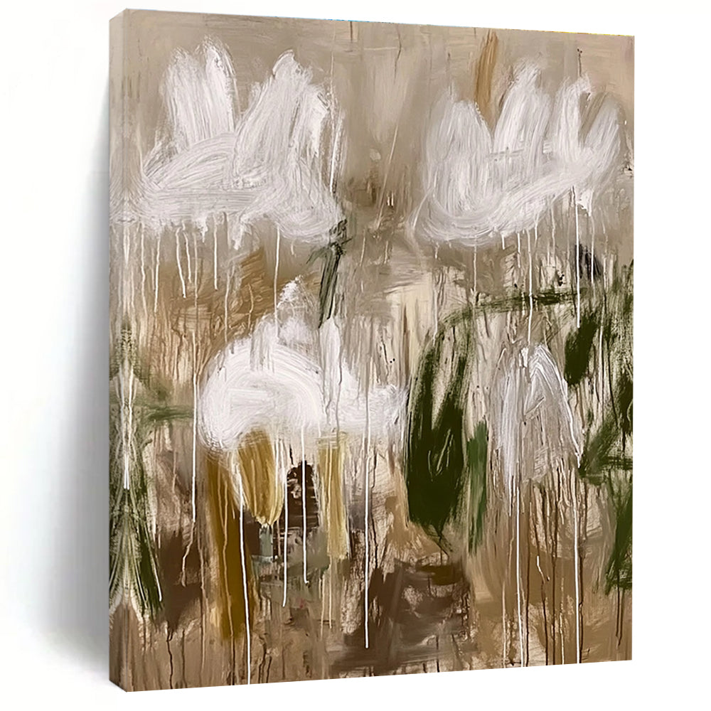 Abstract White Flowers Painting with Earthy Tones GER623