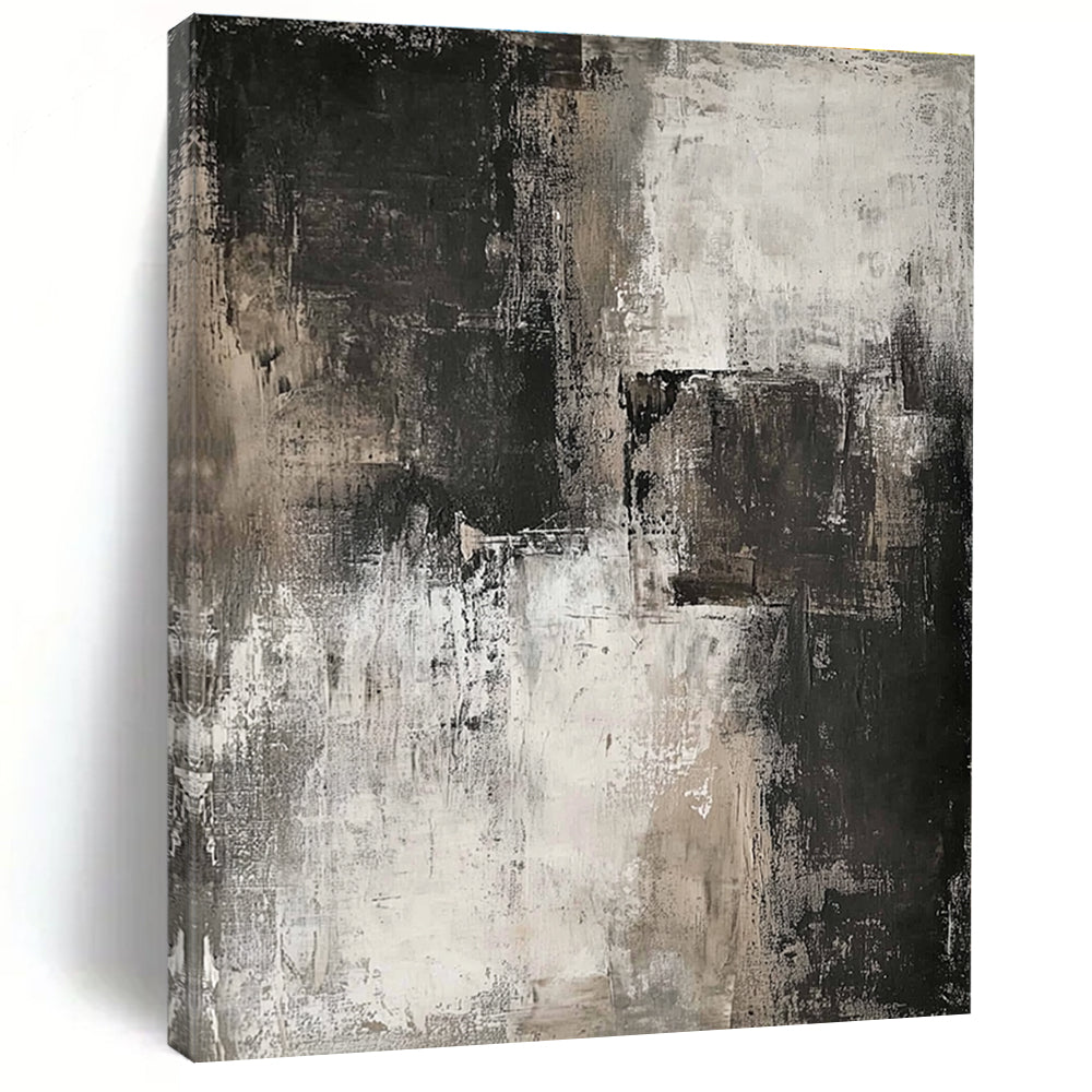Large abstract painting in neutral tones featuring dark gray and white for a striking contemporary aesthetic.STSC069