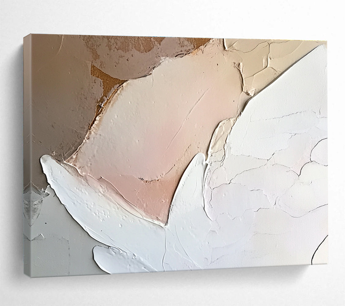 Large abstract painting of an angel featuring neutral colors and soft pink and white tones with heavy brush strokes on canvas.SC152