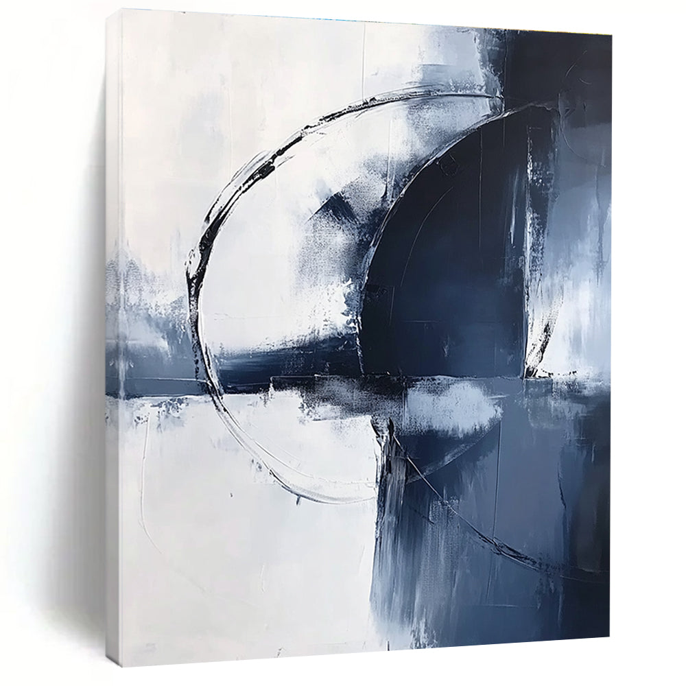Large abstract painting in light navy and white tones featuring bold brushstrokes and an elegant minimalist style for sophisticated decor.STSC1355