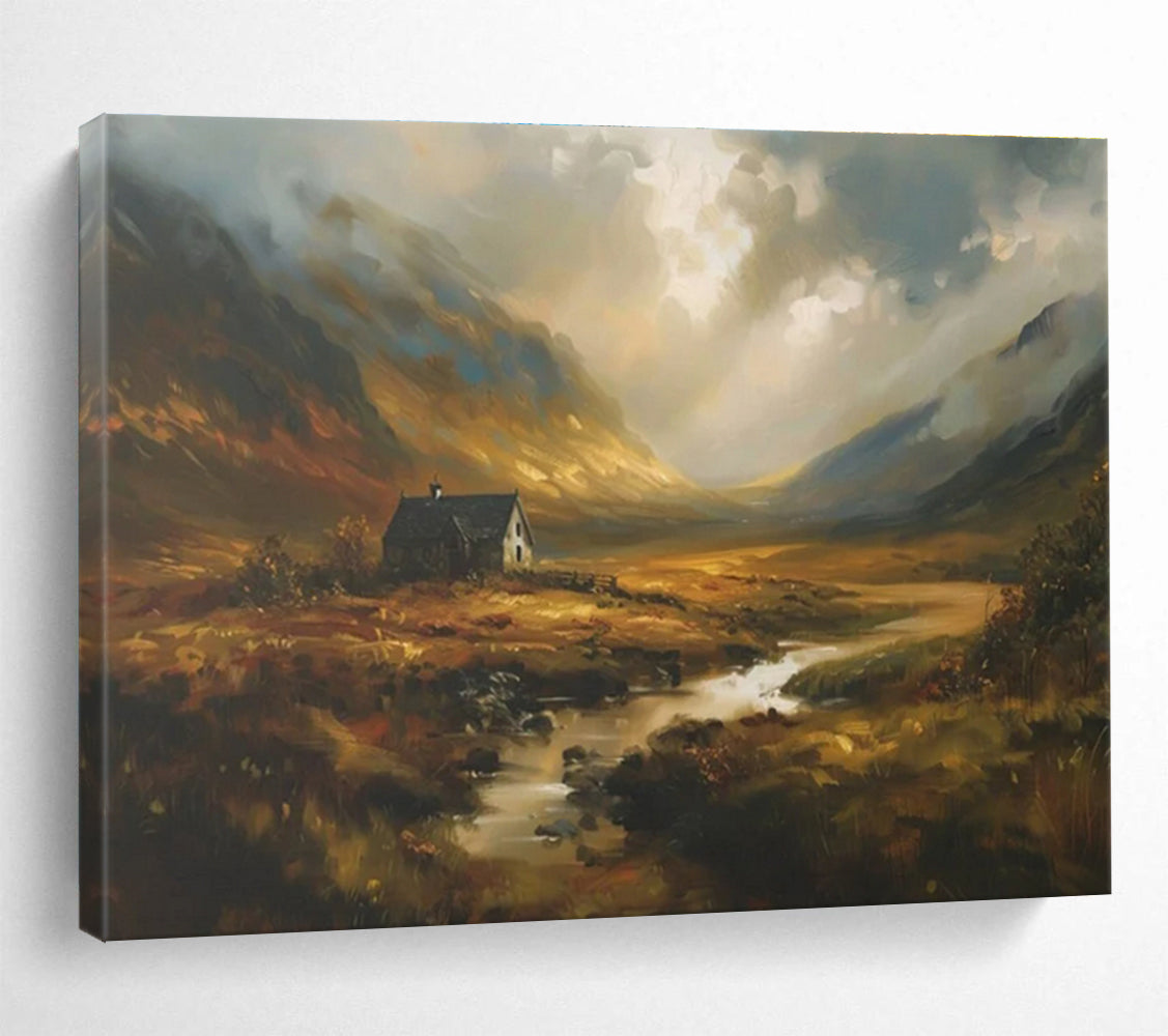 Mountain Cottage Abstract Painting with Warm, Rustic Charm THY402