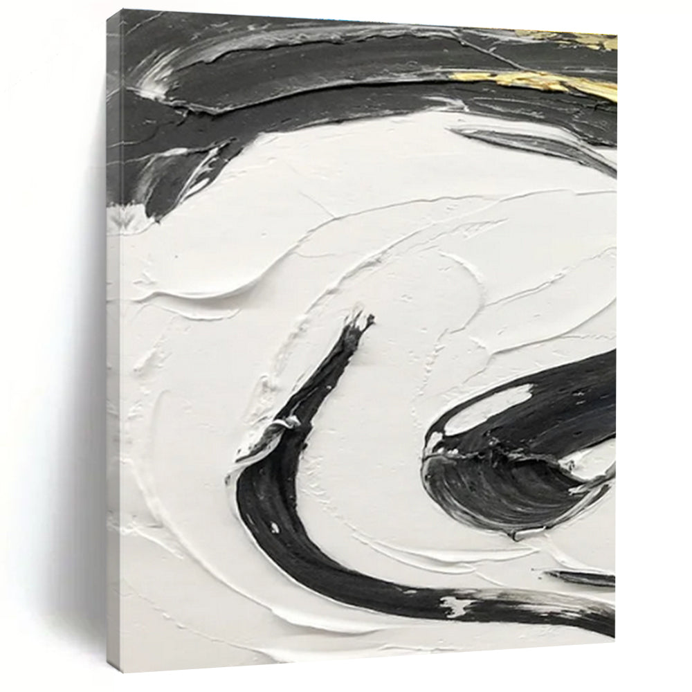 Gold - Accented Black and White Swirl Abstract Painting ADGE378