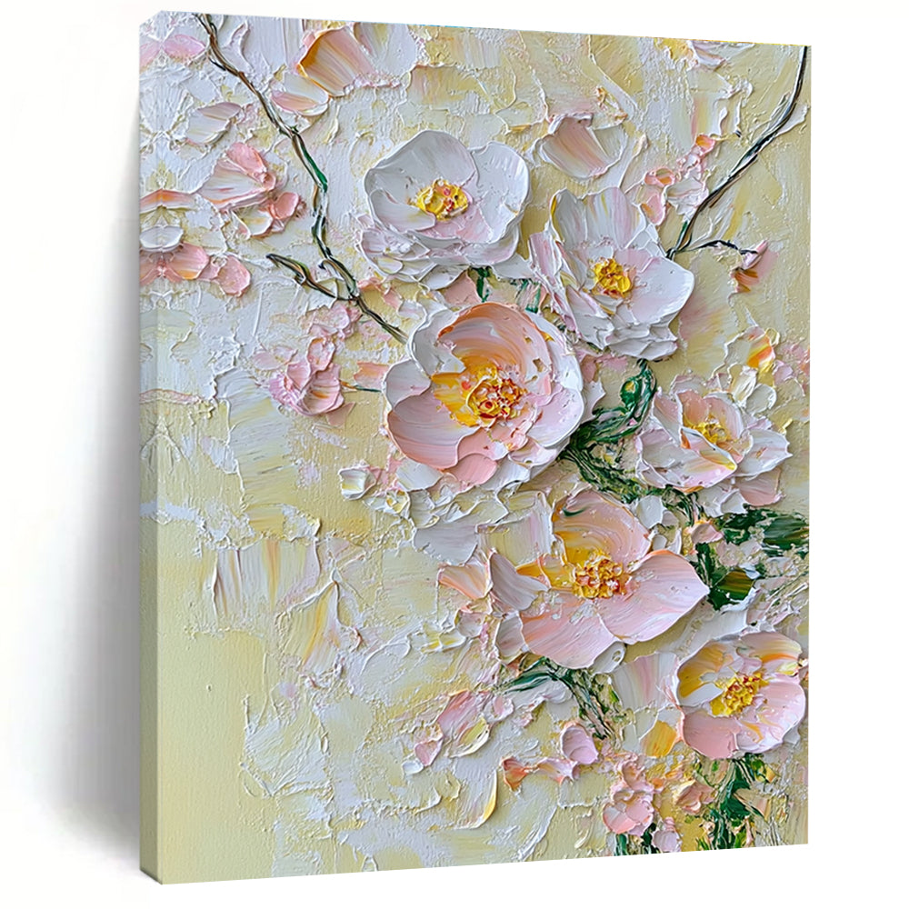 Abstract painting featuring delicate flowers in soft pinks whites and yellows against a pale yellow background with textured oil paint impasto technique.STSC004