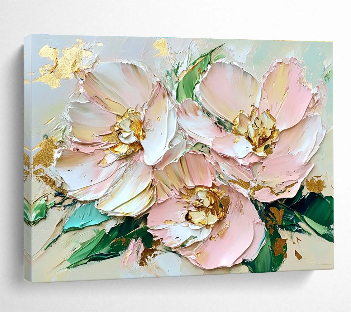 Textured Pink Flowers Abstract Painting with Gold Accents DYP282