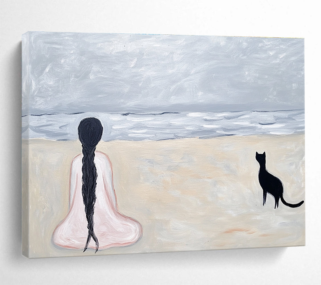 Gray Sea Scene - Girl and Cat Abstract Painting DYP060