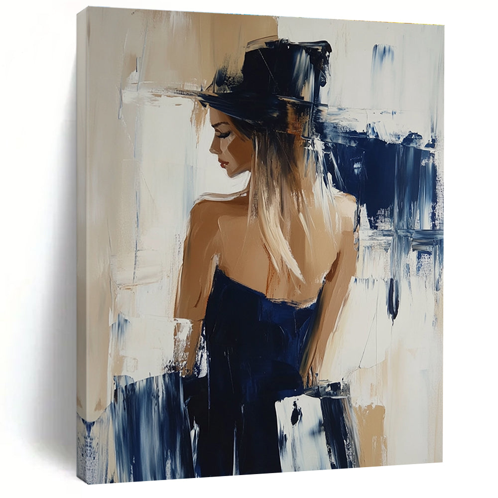 Abstract oil painting featuring a woman in Hunkemöller collection with beige and navy hues showcasing dynamic brushstrokes in Richard Schmid's style.STSC176