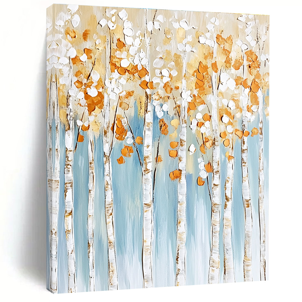 Large abstract painting featuring birch trees with white and gold leaves on a light blue background with textured brushstrokes in neutral tones.STSC302