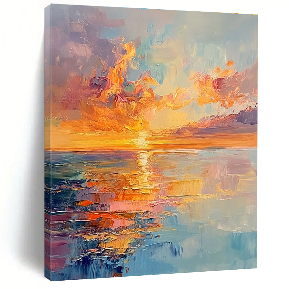Large abstract painting capturing vibrant sunset colors with reflections on the sea and a distant horizon in an expressive style.STSC893
