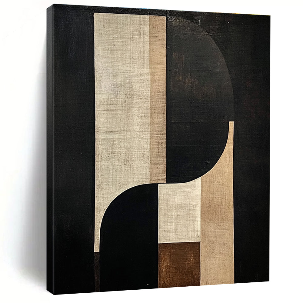 Large abstract painting features geometric and organic shapes in beige and brown tones against a black background with a central tall white shape.STSC1058