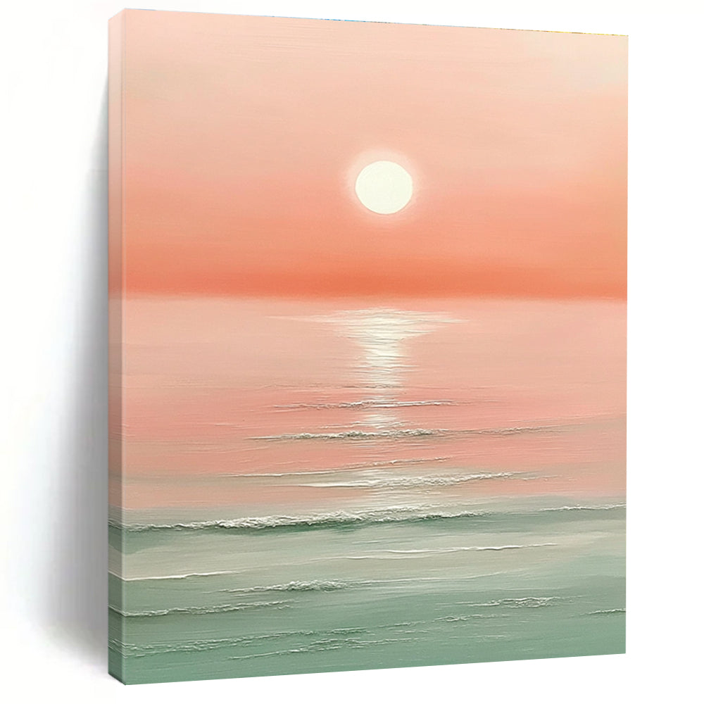 Large abstract painting featuring a pink sunset over the ocean with a white sun and soft muted colors.STSC1424
