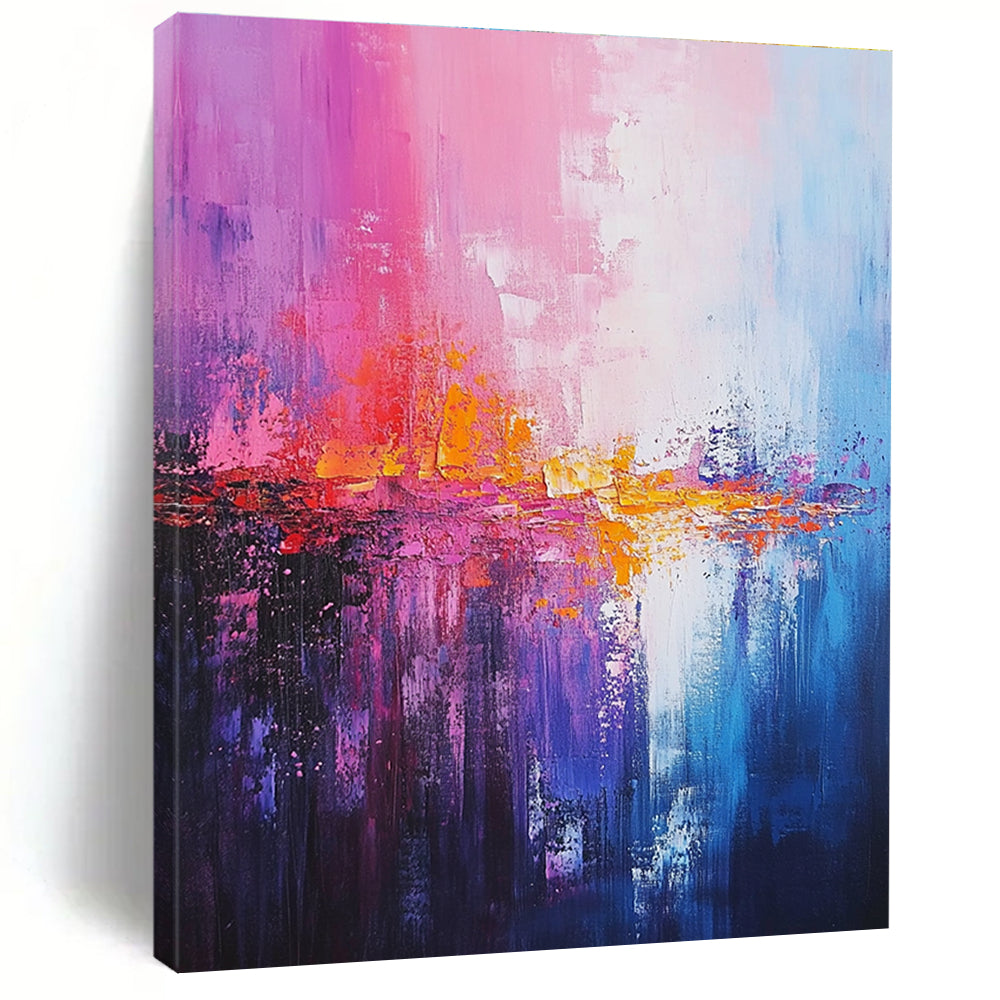 Large abstract painting of the sea featuring light pink dark blue and soft atmospheric effects in a dreamy impressionist style.STSC344