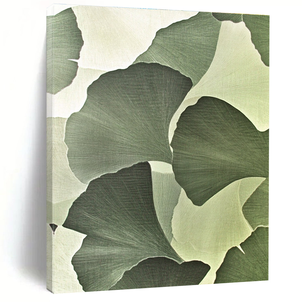 Large abstract painting featuring ginkgo leaves in strong geometric elements with silk-like texture and high-definition detail on a light green and white background.STSC942