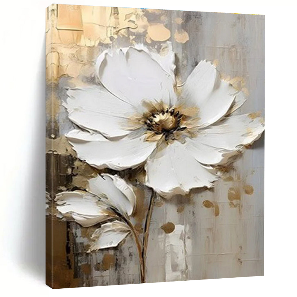 White Flower Textured Abstract Painting with Gold Accents ADGE300