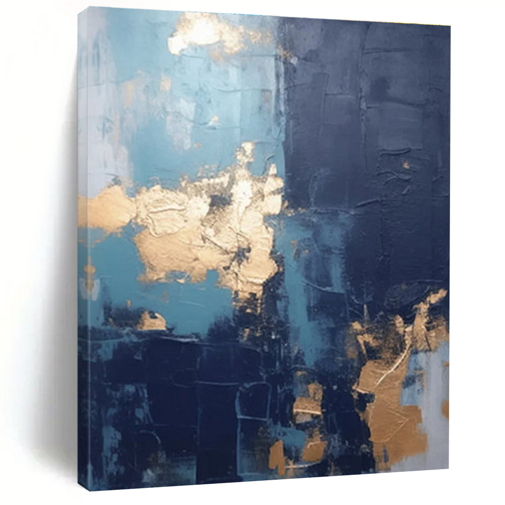 Blue and Gold Textured Abstract Painting with Dark Accents ADGE130