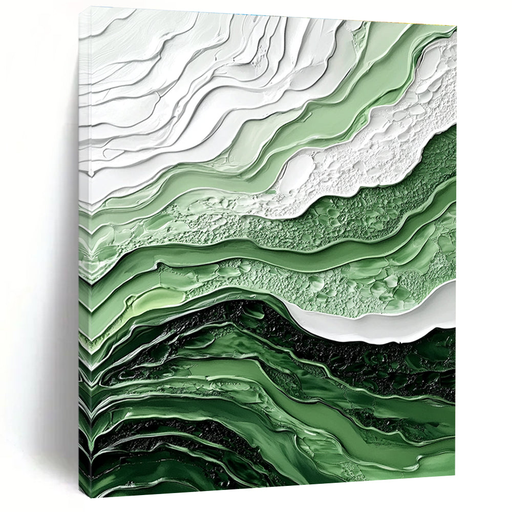 Large abstract painting in shades of green and white features fluid lines and waves with intricate details and a hyper-realistic texture.STSC445