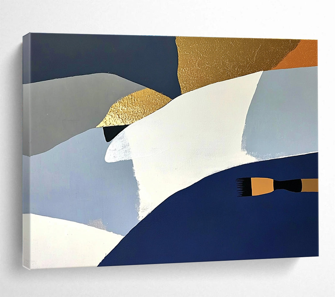 Large abstract painting featuring white blue and gold shapes against a dark gray backdrop with orange details and a soft yellow surface.SC444