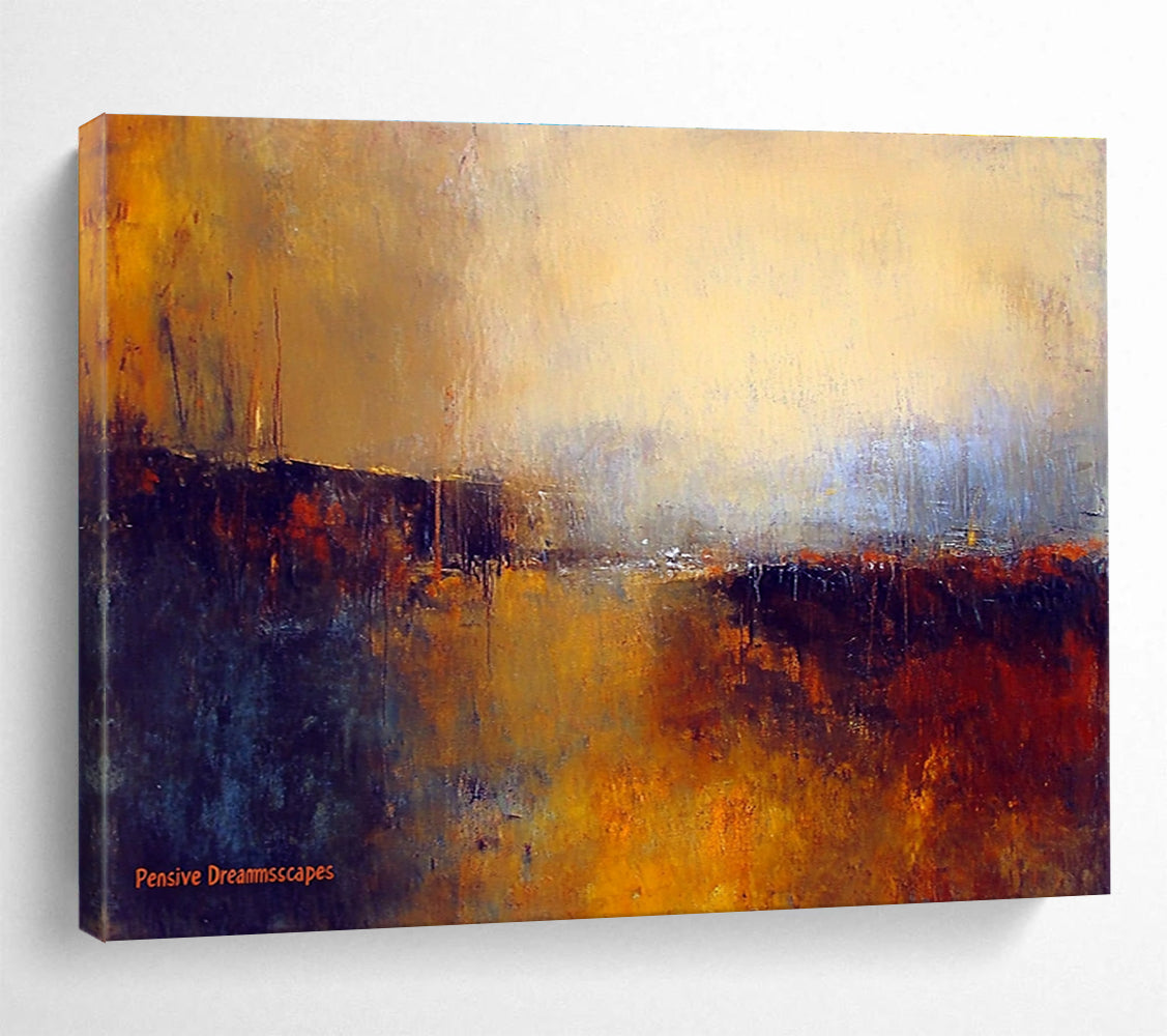 Large abstract painting titled Pensive Dreamscapes featuring blurred landscapes in dark brown and light orange with impressionistic aquarelle style.SC338