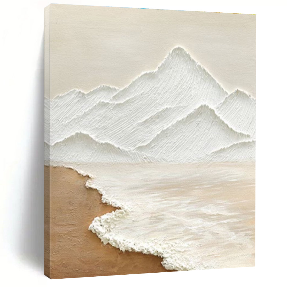 Textured Mountain and Sea Abstract Painting in White and Beige ADGE273