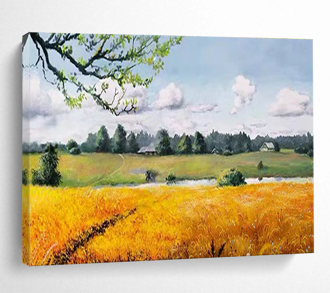 Countryside Field Abstract Painting with Yellow, Green, and Blue Tones THY208