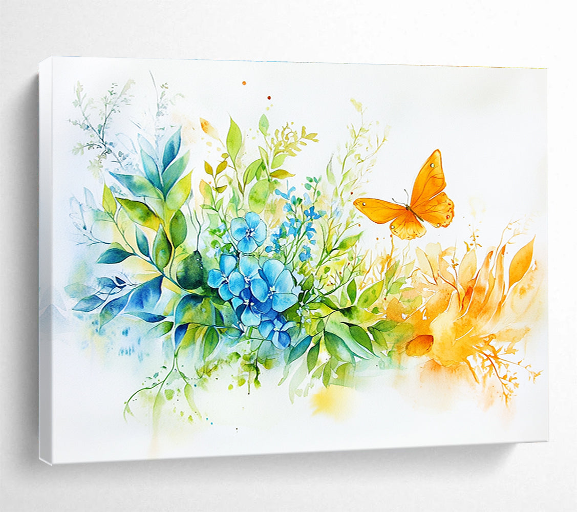 A large abstract painting features green leaves blue flowers and an orange butterfly with golden hands holding the bouquet creating a vibrant harmonious atmosphere.SC567