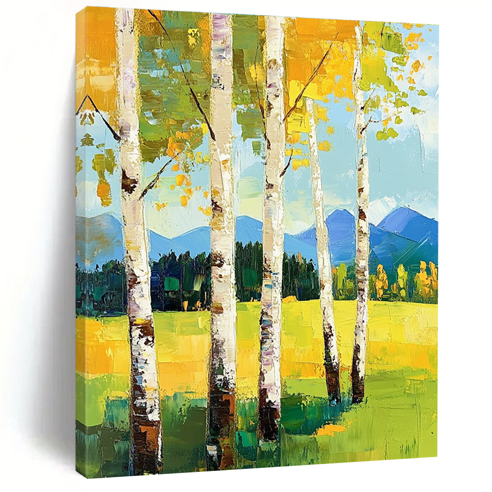 Large abstract painting featuring birch trees in spring vibrant greens and yellows with mountains in the background and thick expressive brush strokes.STSC871