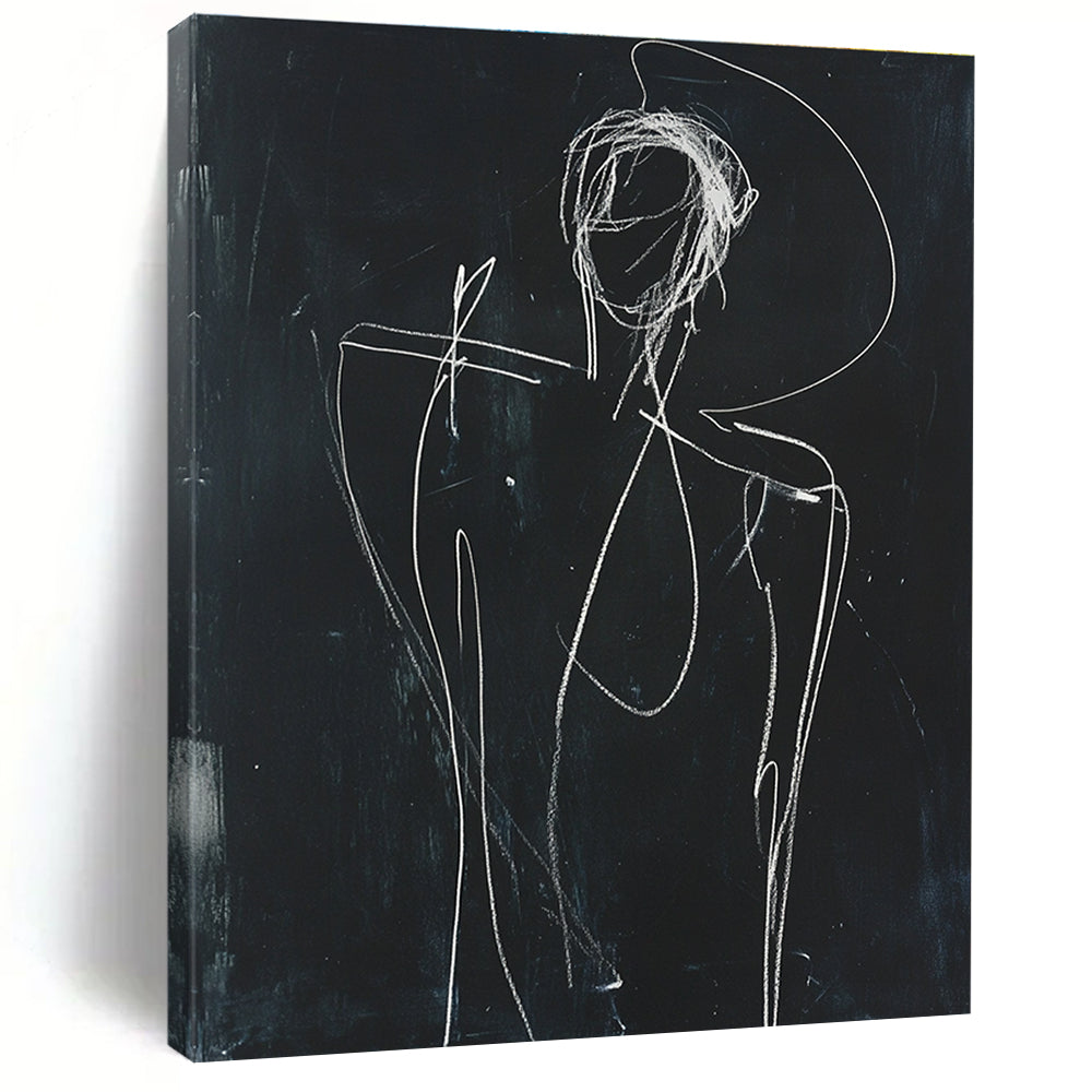 A large abstract sketch depicting a human figure in white chalk on black paper with raised arm and minimalist facial opening.STSC977