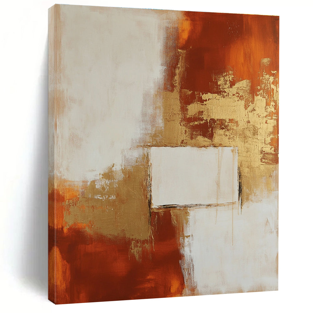 Large abstract painting in minimalist style featuring beige and rust colors with elegant gold accents for a modern aesthetic.STSC244