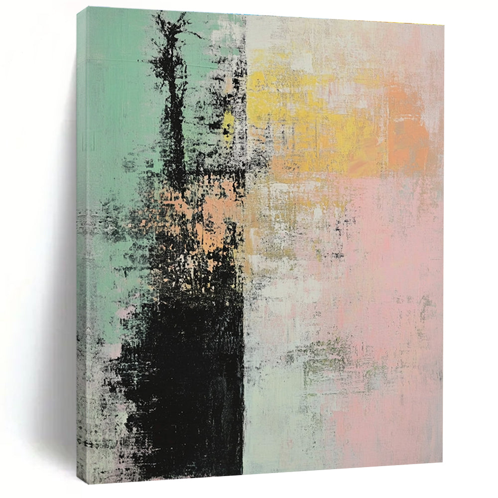 Large abstract painting featuring soft pink green and yellow hues with textured layers creating a serene tree motif against a tranquil background.STSC796