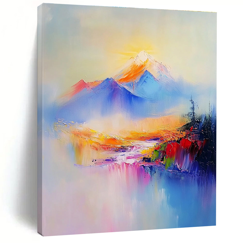 Abstract painting of Mount Redoubt featuring soft pastel colors gentle brush strokes light blue sky and a light purple river flowing through the valley.STSC323